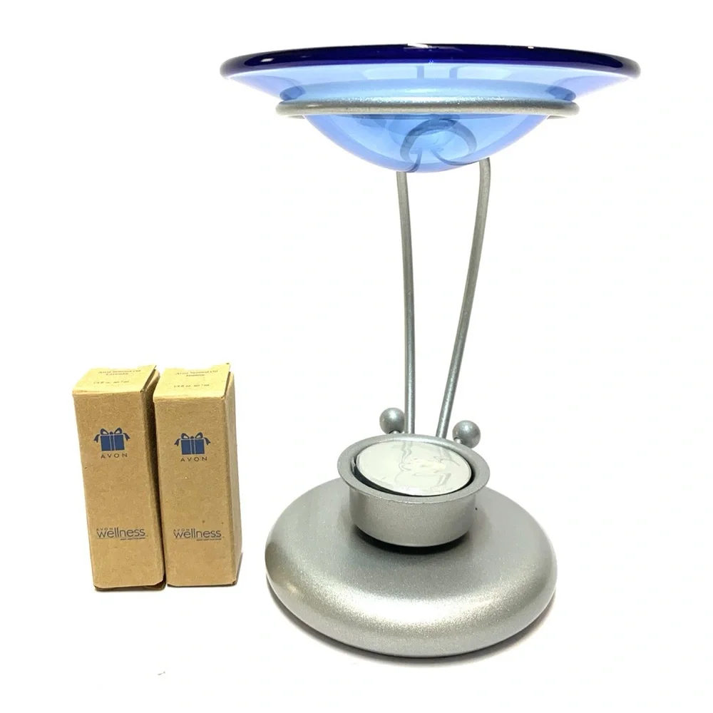 Vintage 2002 Avon Wellness Aroma Diffuser Set Blue Glass Bowl & Fragrance Oils
